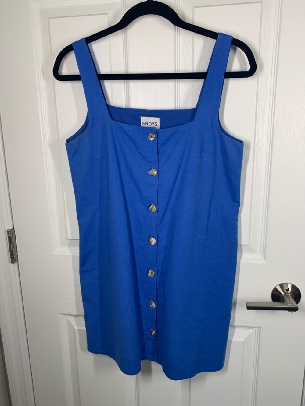 SNDYS button front jumper style mini dress with shell buttons blue size small